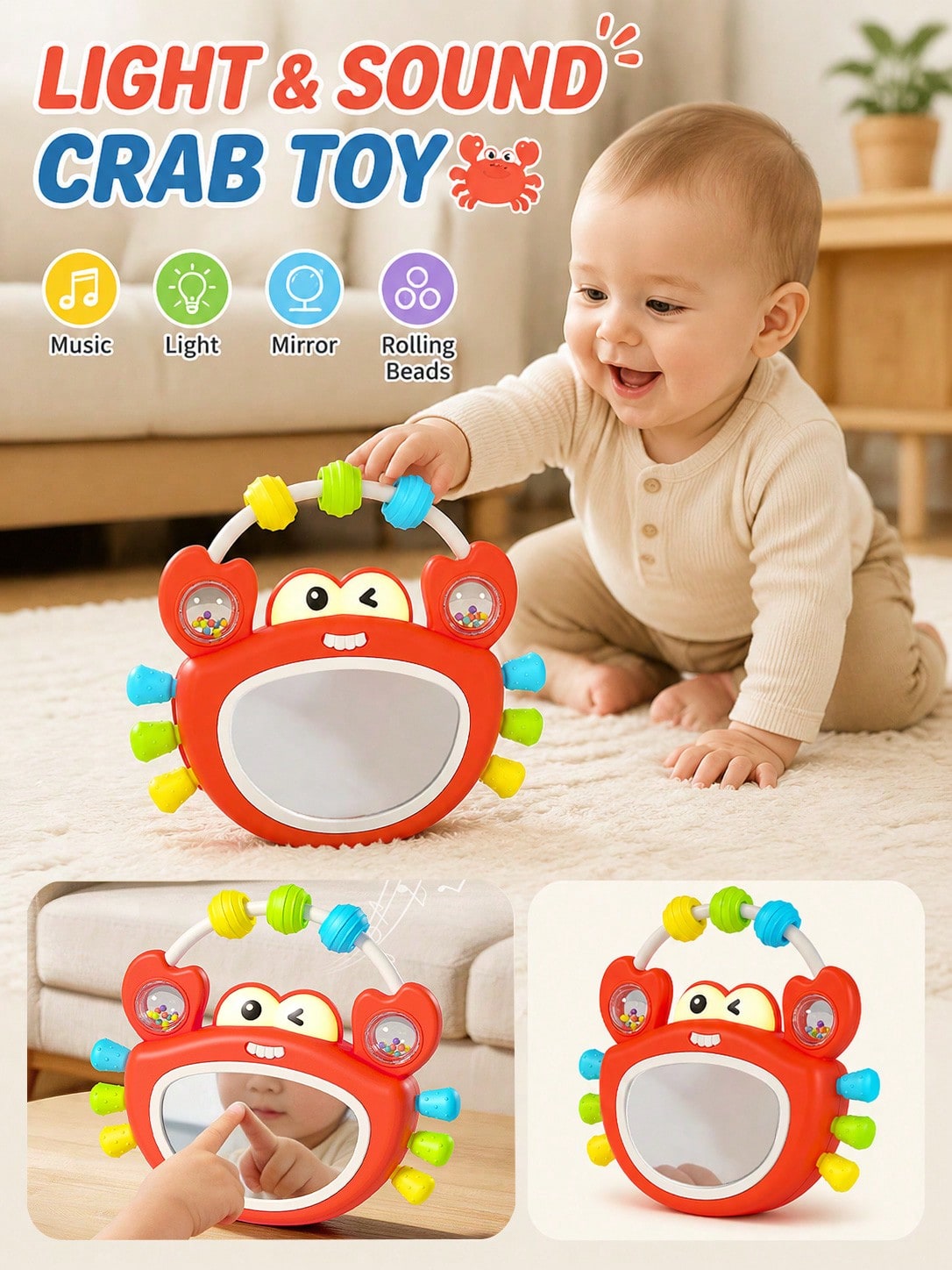 Rocking Sound & Light Crab Rattle Baby Toy, 0-2 Years Old Infant Hand-Grip Ball, Early Education Music Enlightenment Educational Toy