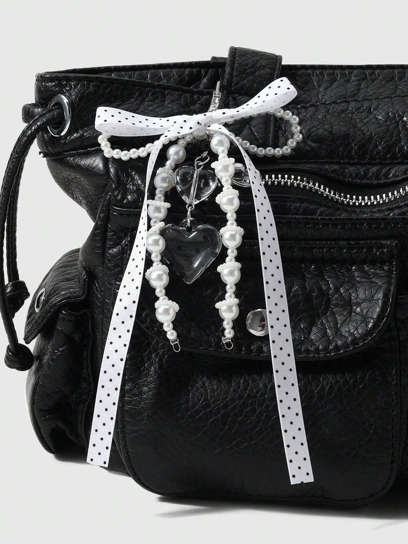 ROMWE Anime 1 Creative Simple And Versatile Retro Classic High Sense Music Festival Series Black And White Handmade Beaded Imitation Pearl Ring Resin Round Bead Love Phone Line Silver Hollow Cloud Win