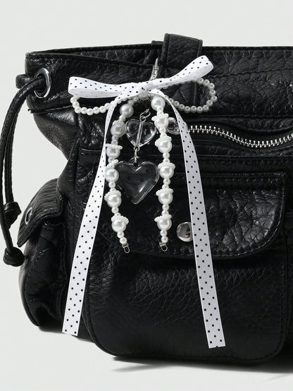 ROMWE Anime 1 Creative Simple And Versatile Retro Classic High Sense Music Festival Series Black And White Handmade Beaded Imitation Pearl Ring Resin Round Bead Love Phone Line Silver Hollow Cloud Win