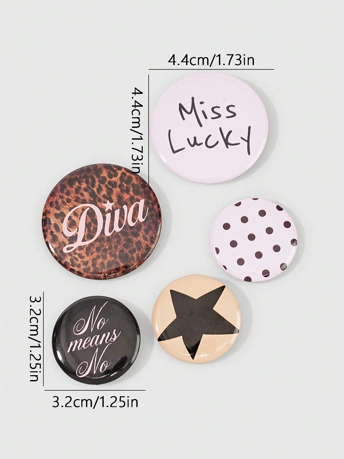 ROMWE Anime 5Pcs Fashion Brooch Pins With Lucky Character, Polka Dot, Leopard Print And Star Patterns, Decorative Badge Buttons For Clothing, Bags, Backpacks And Hats, Great Accessories For Back To Sc