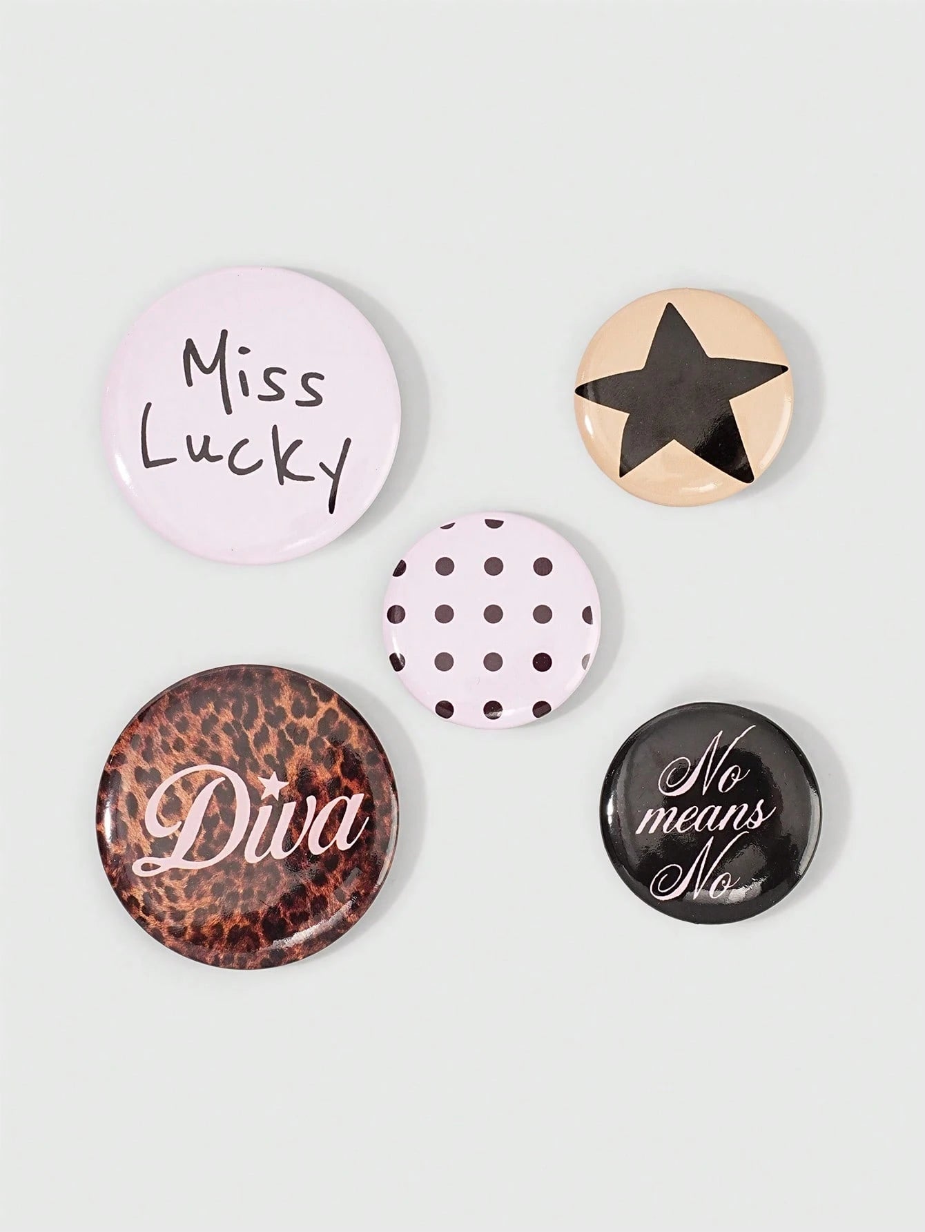 ROMWE Anime 5Pcs Fashion Brooch Pins With Lucky Character, Polka Dot, Leopard Print And Star Patterns, Decorative Badge Buttons For Clothing, Bags, Backpacks And Hats, Great Accessories For Back To Sc