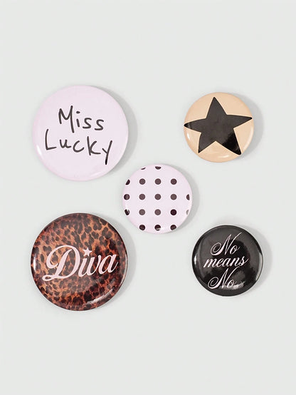ROMWE Anime 5Pcs Fashion Brooch Pins With Lucky Character, Polka Dot, Leopard Print And Star Patterns, Decorative Badge Buttons For Clothing, Bags, Backpacks And Hats, Great Accessories For Back To Sc