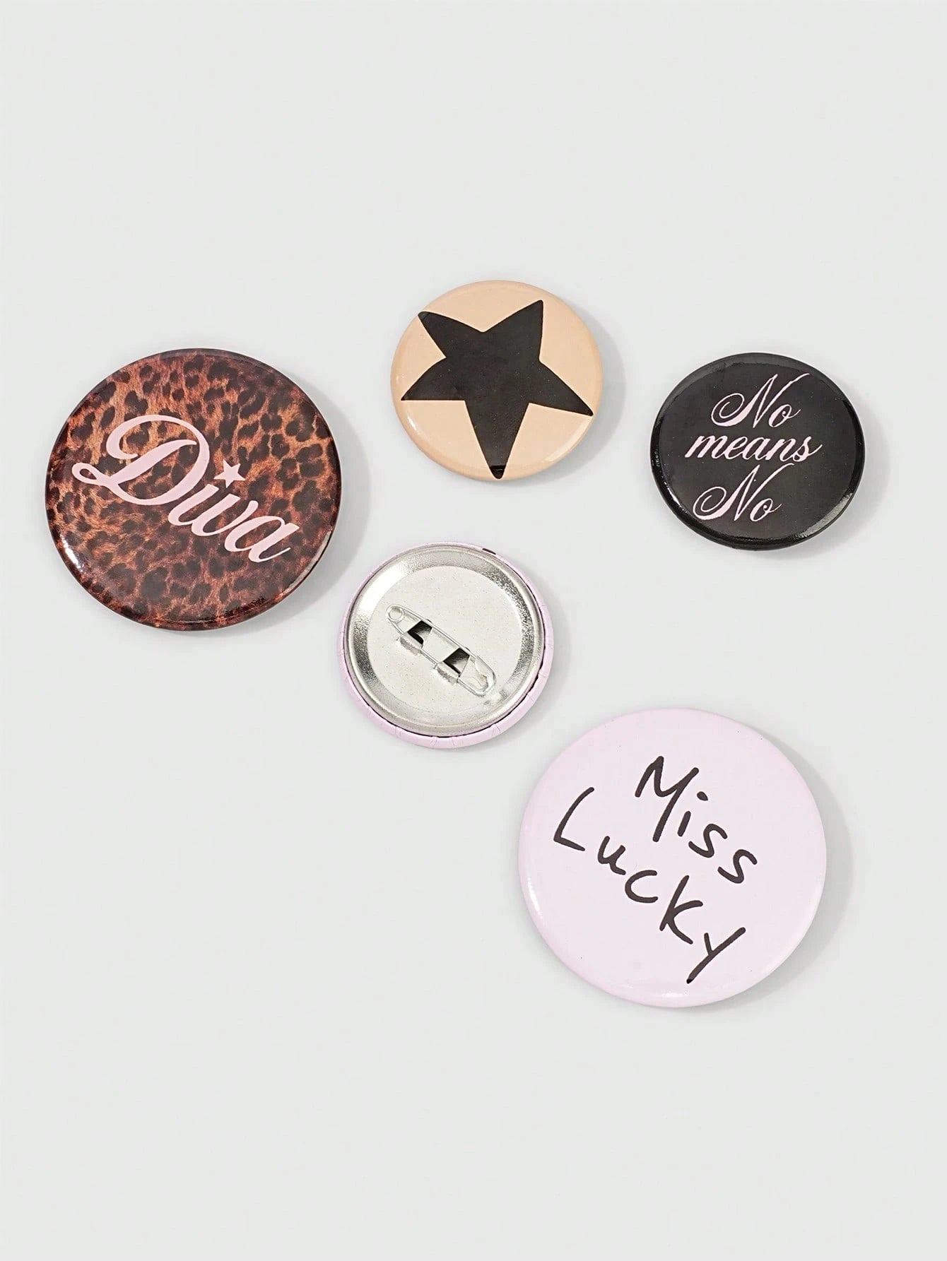 ROMWE Anime 5Pcs Fashion Brooch Pins With Lucky Character, Polka Dot, Leopard Print And Star Patterns, Decorative Badge Buttons For Clothing, Bags, Backpacks And Hats, Great Accessories For Back To Sc