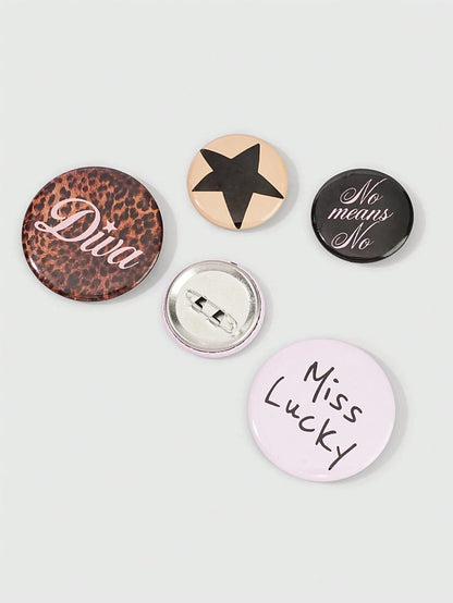 ROMWE Anime 5Pcs Fashion Brooch Pins With Lucky Character, Polka Dot, Leopard Print And Star Patterns, Decorative Badge Buttons For Clothing, Bags, Backpacks And Hats, Great Accessories For Back To Sc