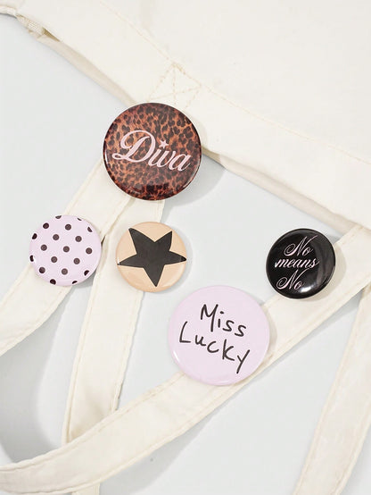 ROMWE Anime 5Pcs Fashion Brooch Pins With Lucky Character, Polka Dot, Leopard Print And Star Patterns, Decorative Badge Buttons For Clothing, Bags, Backpacks And Hats, Great Accessories For Back To Sc