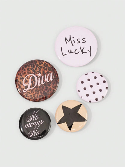 ROMWE Anime 5Pcs Fashion Brooch Pins With Lucky Character, Polka Dot, Leopard Print And Star Patterns, Decorative Badge Buttons For Clothing, Bags, Backpacks And Hats, Great Accessories For Back To Sc