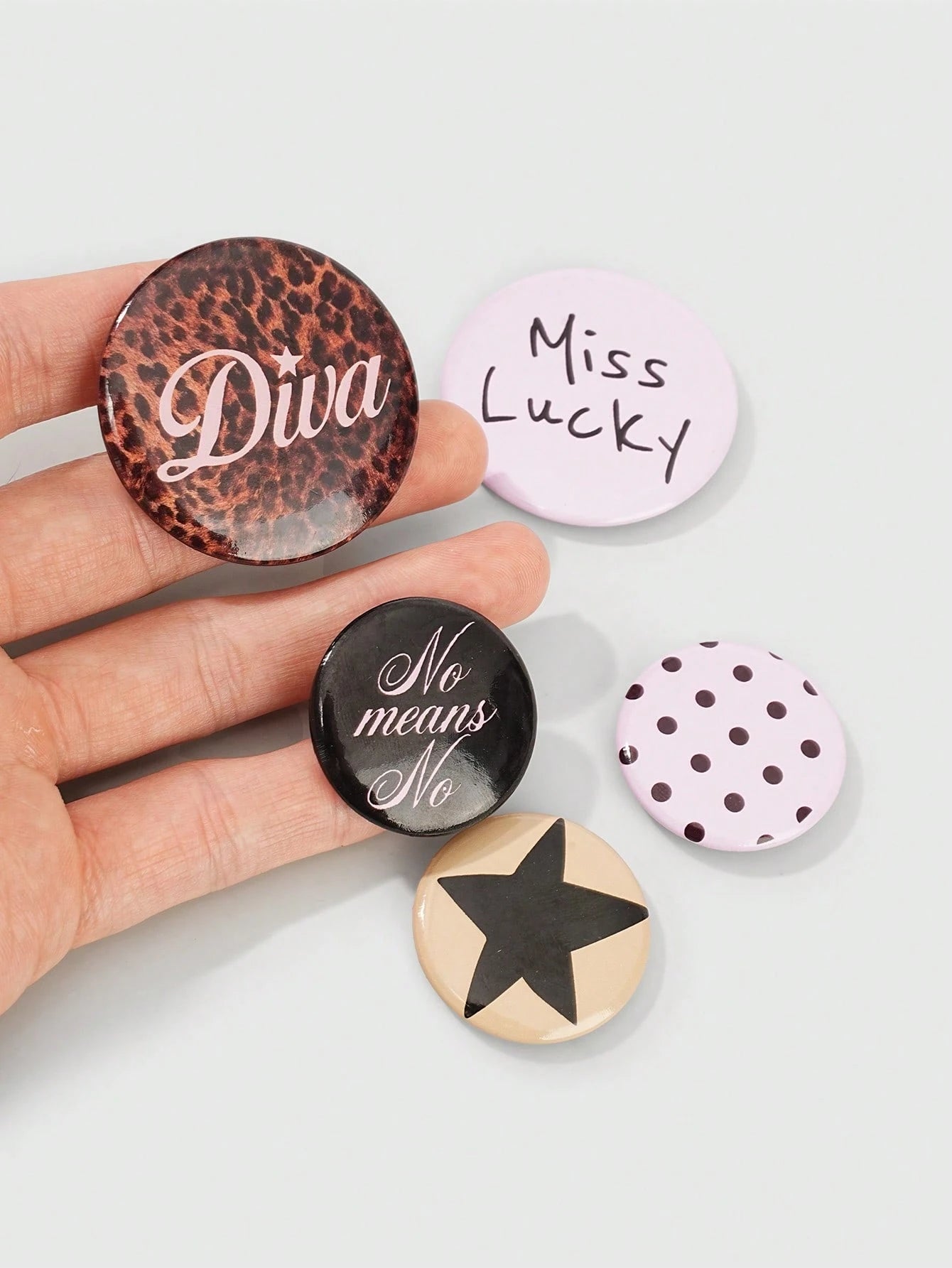 ROMWE Anime 5Pcs Fashion Brooch Pins With Lucky Character, Polka Dot, Leopard Print And Star Patterns, Decorative Badge Buttons For Clothing, Bags, Backpacks And Hats, Great Accessories For Back To Sc