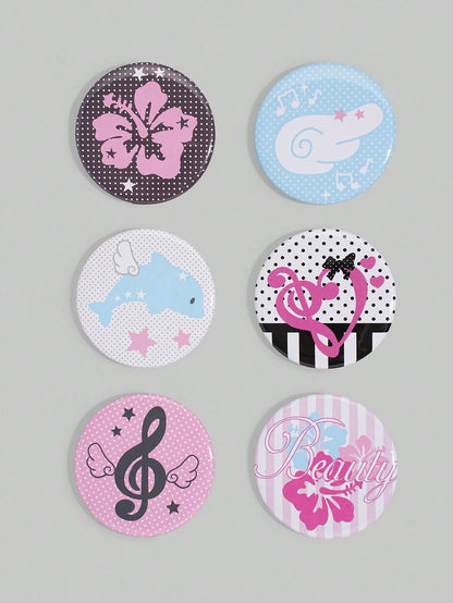 ROMWE Anime 5Pcs Fashion Brooch Pins With Lucky Character, Polka Dot, Leopard Print And Star Patterns, Decorative Badge Buttons For Clothing, Bags, Backpacks And Hats, Great Accessories For Back To Sc