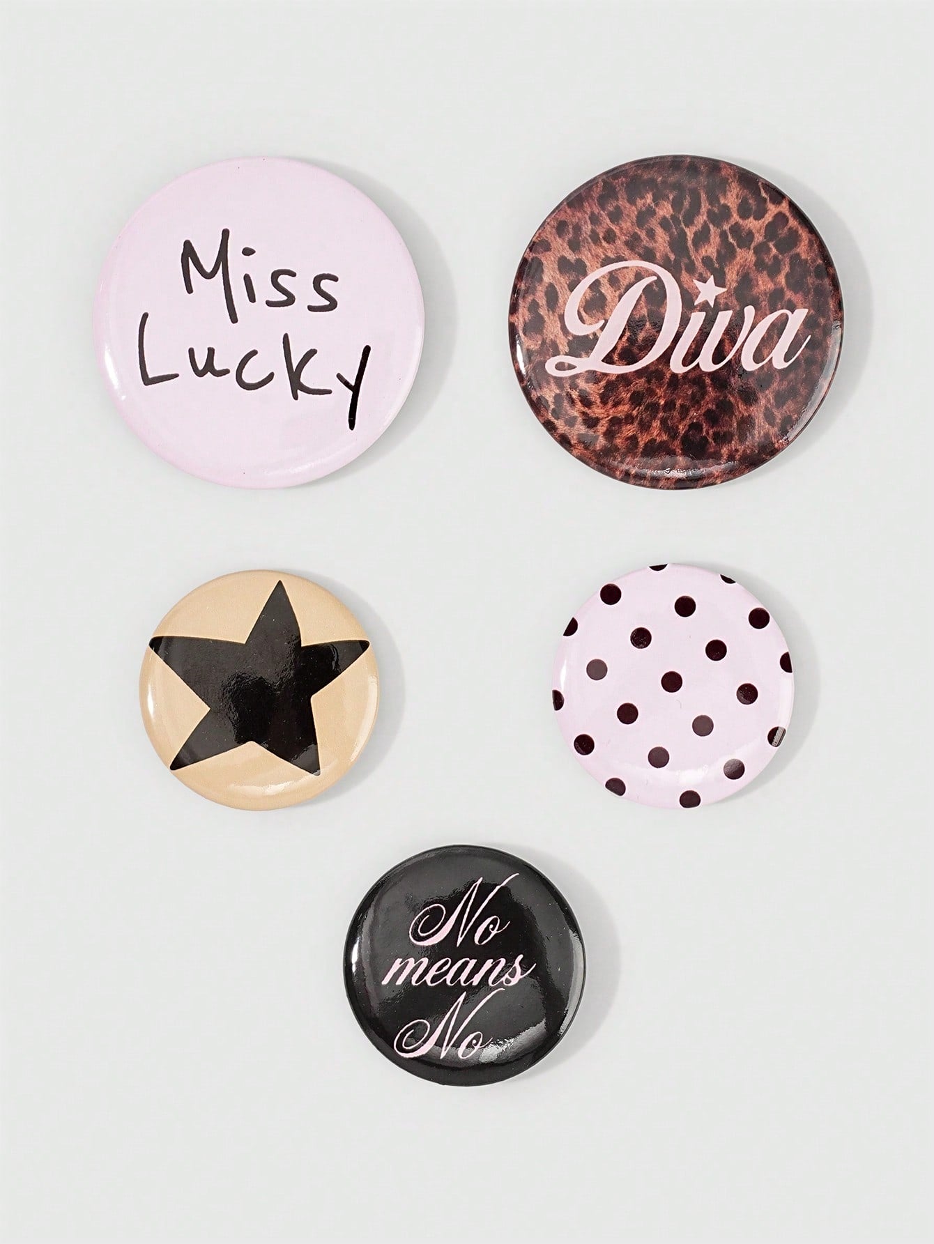 ROMWE Anime 5Pcs Fashion Brooch Pins With Lucky Character, Polka Dot, Leopard Print And Star Patterns, Decorative Badge Buttons For Clothing, Bags, Backpacks And Hats, Great Accessories For Back To Sc