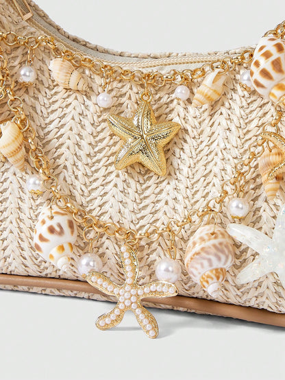 ROMWE Fairycore 1pc Summer Beach Starfish Series Woven Shoulder Bag/Tote Bag, Beach Bag, Straw Handbag (Decoration Placement Random)
