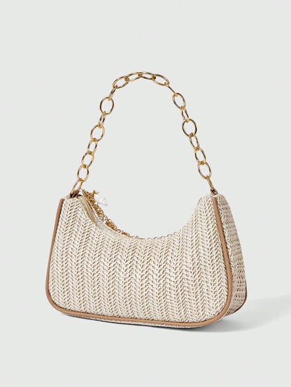 ROMWE Fairycore 1pc Summer Beach Starfish Series Woven Shoulder Bag/Tote Bag, Beach Bag, Straw Handbag (Decoration Placement Random)