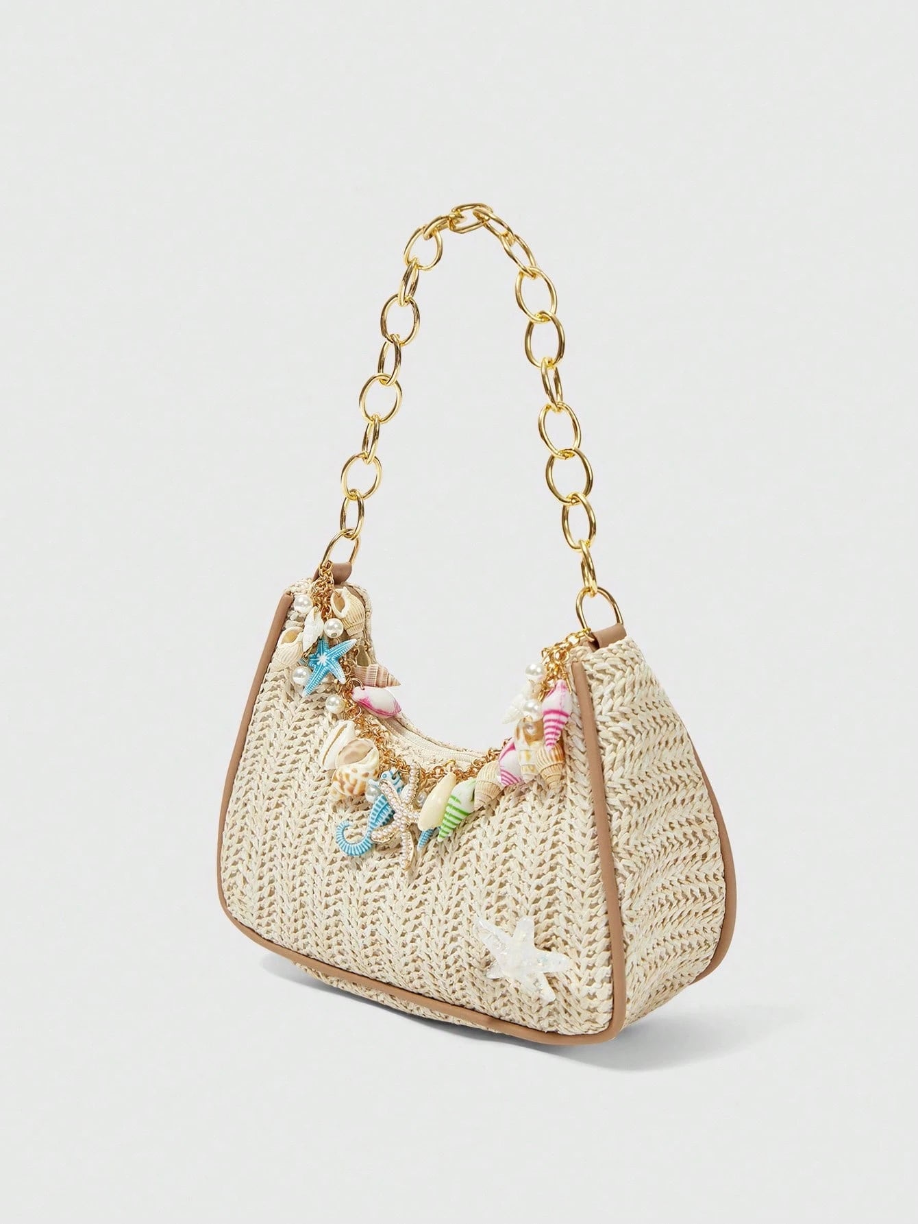 ROMWE Fairycore 1pc Summer Beach Starfish Series Woven Shoulder Bag/Tote Bag, Beach Bag, Straw Handbag (Decoration Placement Random)
