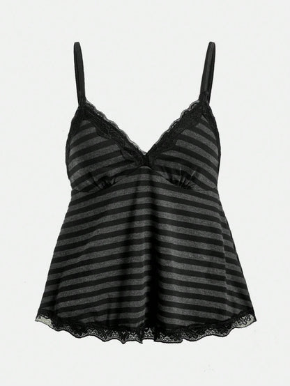 ROMWE Fairycore Women's Plus Size Striped Doll Top Lace Camisole For Summer