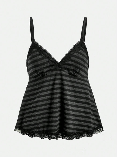 ROMWE Fairycore Women's Plus Size Striped Doll Top Lace Camisole For Summer