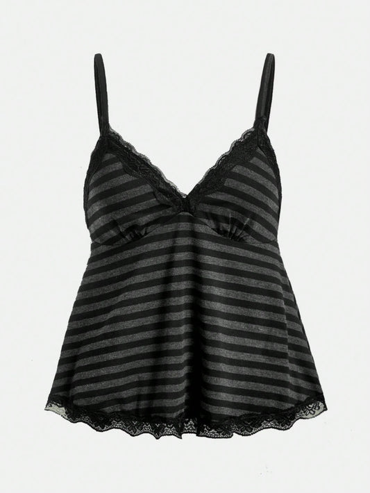 ROMWE Fairycore Women's Plus Size Striped Doll Top Lace Camisole For Summer