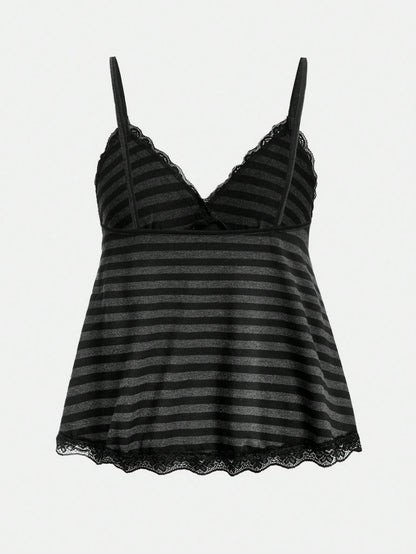 ROMWE Fairycore Women's Plus Size Striped Doll Top Lace Camisole For Summer