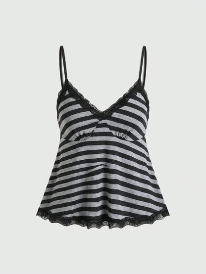 ROMWE Fairycore Women's Plus Size Striped Doll Top Lace Camisole For Summer