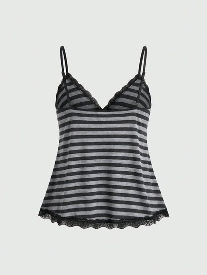 ROMWE Fairycore Women's Plus Size Striped Doll Top Lace Camisole For Summer