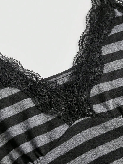 ROMWE Fairycore Women's Plus Size Striped Doll Top Lace Camisole For Summer