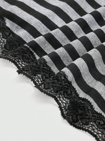ROMWE Fairycore Women's Plus Size Striped Doll Top Lace Camisole For Summer