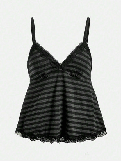 ROMWE Fairycore Women's Plus Size Striped Doll Top Lace Camisole For Summer