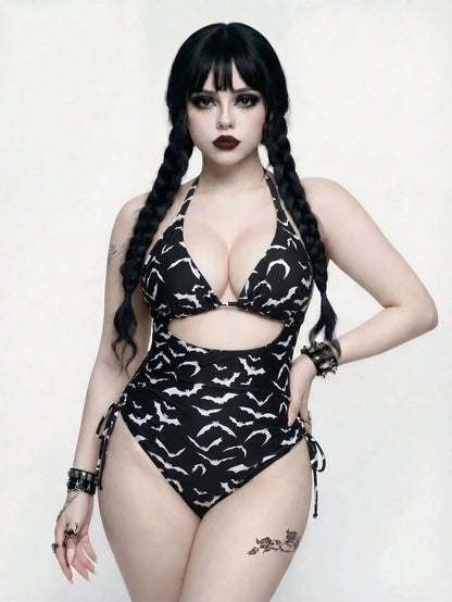 ROMWE Goth Plus Size Bat Print Backless Halter One-Piece Swimsuit