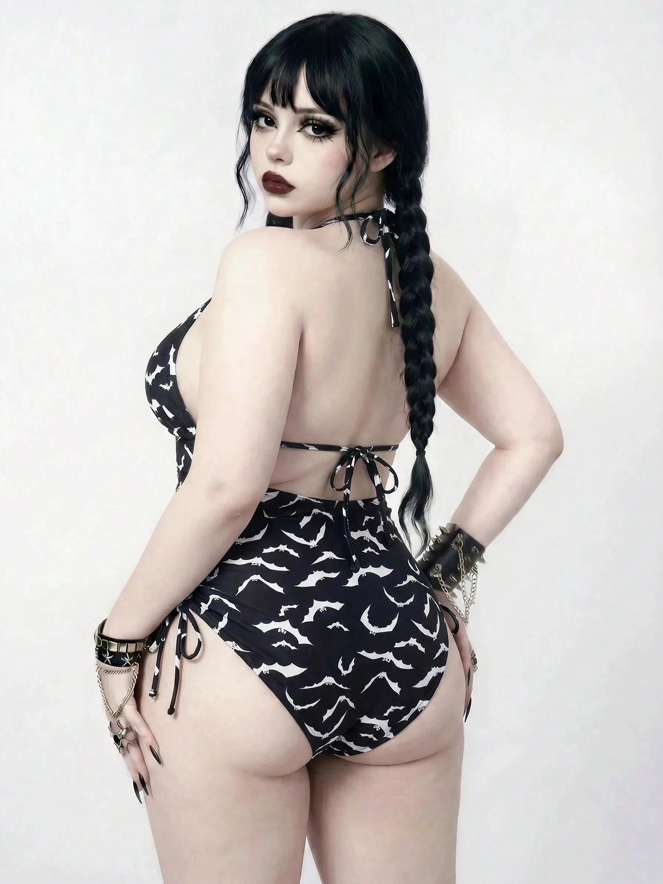 ROMWE Goth Plus Size Bat Print Backless Halter One-Piece Swimsuit