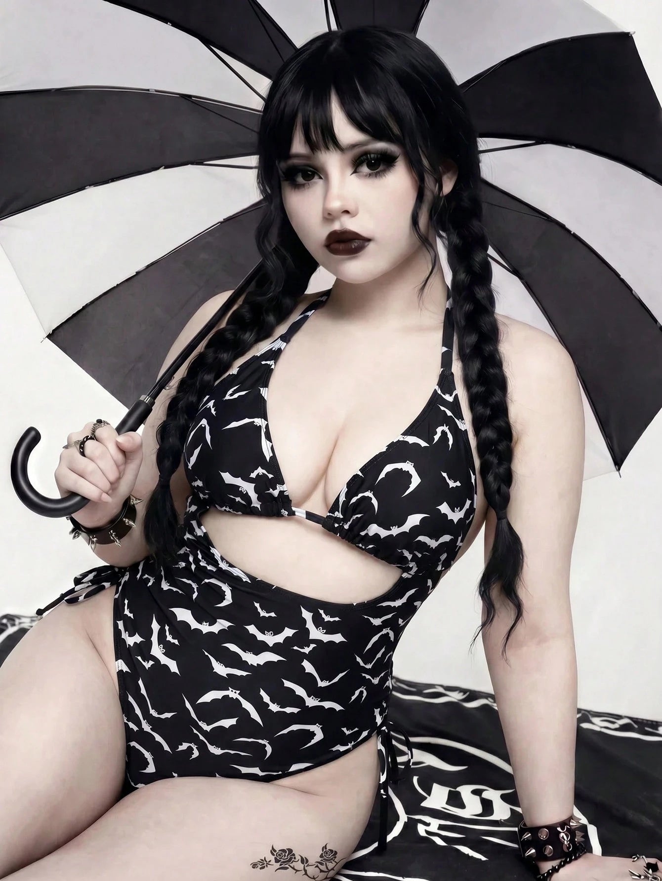 ROMWE Goth Plus Size Bat Print Backless Halter One-Piece Swimsuit