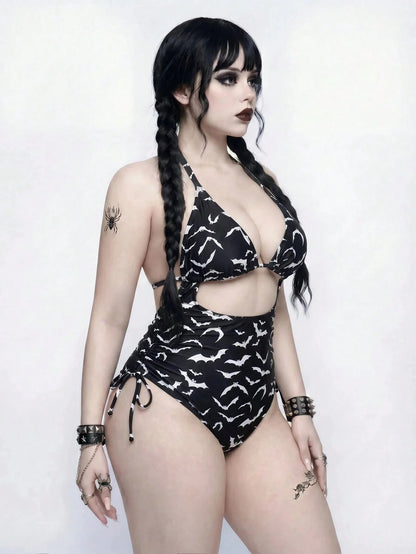 ROMWE Goth Plus Size Bat Print Backless Halter One-Piece Swimsuit