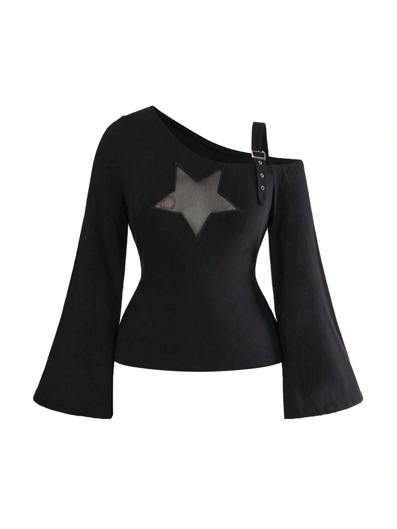 ROMWE Grunge Punk Plus Size Y2K Punk Star Hollow Design Sexy Asymmetrical Shoulder One-Shoulder Fitted T-Shirt Solid Color Versatile