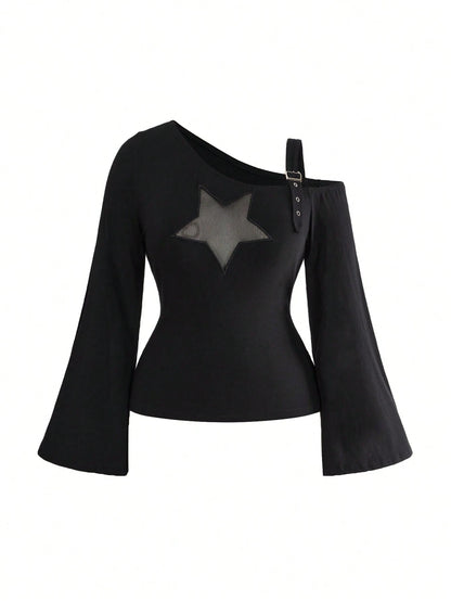 ROMWE Grunge Punk Plus Size Y2K Punk Star Hollow Design Sexy Asymmetrical Shoulder One-Shoulder Fitted T-Shirt Solid Color Versatile