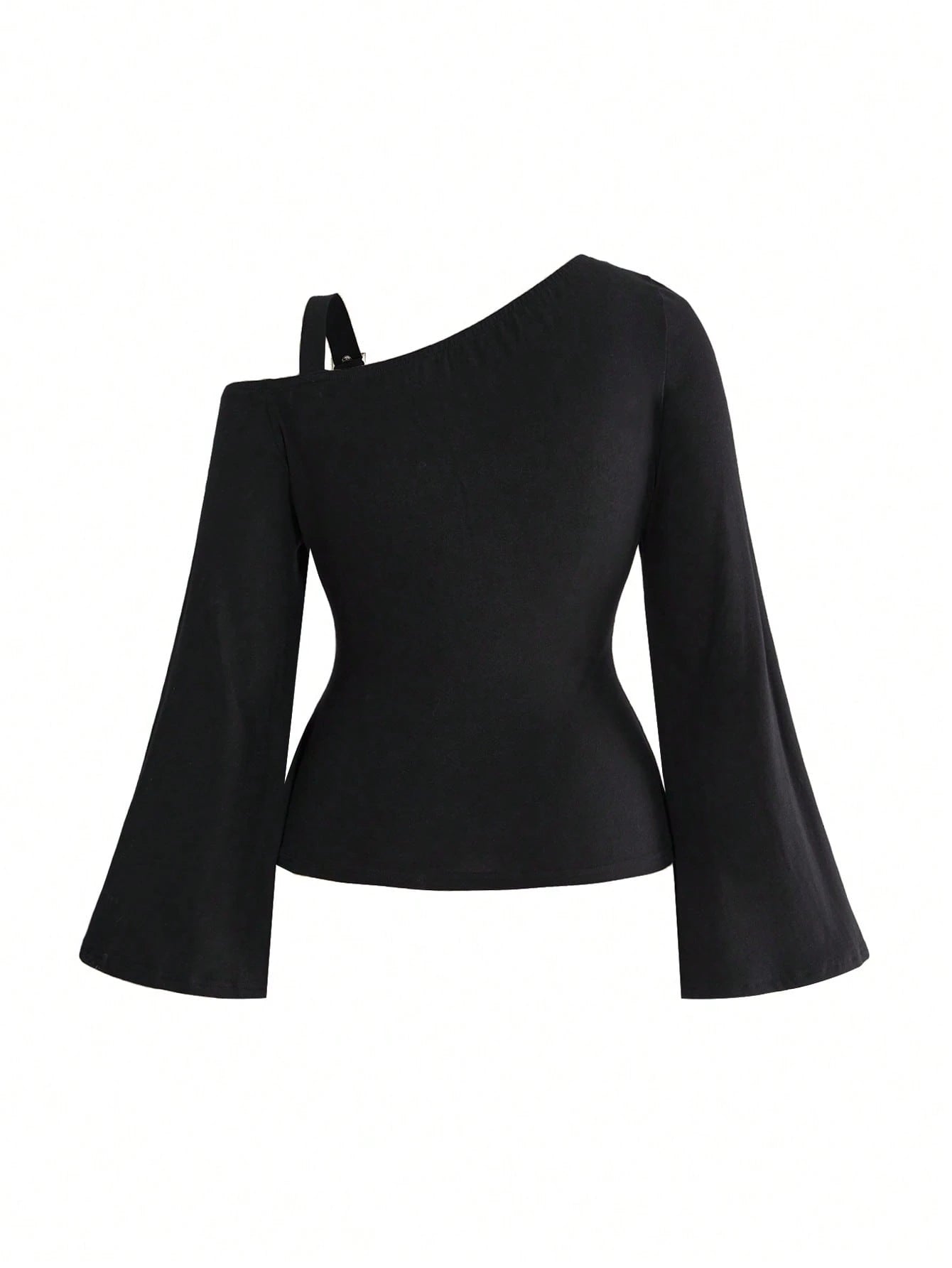 ROMWE Grunge Punk Plus Size Y2K Punk Star Hollow Design Sexy Asymmetrical Shoulder One-Shoulder Fitted T-Shirt Solid Color Versatile
