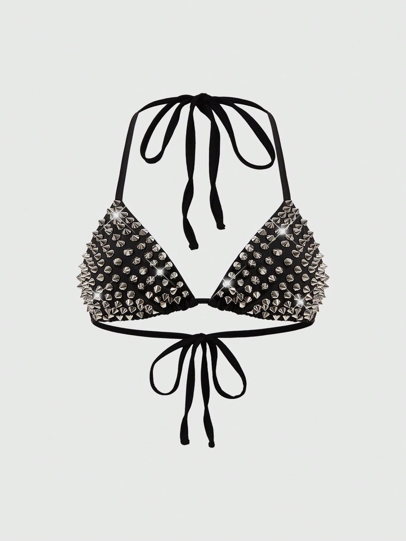 ROMWE Grunge Punk Summer Outfits Plus Size Women's Punk Rock Studded Halter Backless Bikini Top Studded Bra Spikes Rhinestone Bikini Top