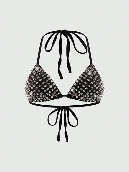 ROMWE Grunge Punk Summer Outfits Plus Size Women's Punk Rock Studded Halter Backless Bikini Top Studded Bra Spikes Rhinestone Bikini Top