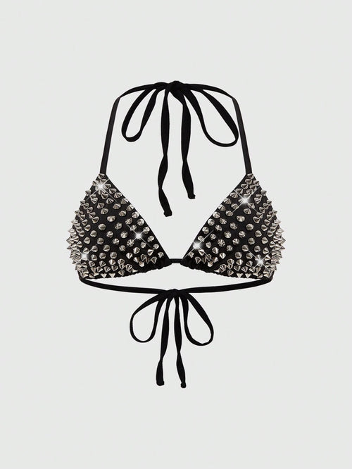 ROMWE Grunge Punk Summer Outfits Plus Size Women's Punk Rock Studded Halter Backless Bikini Top Studded Bra Spikes Rhinestone Bikini Top