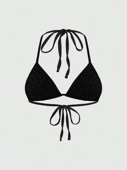 ROMWE Grunge Punk Summer Outfits Plus Size Women's Punk Rock Studded Halter Backless Bikini Top Studded Bra Spikes Rhinestone Bikini Top