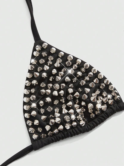 ROMWE Grunge Punk Summer Outfits Plus Size Women's Punk Rock Studded Halter Backless Bikini Top Studded Bra Spikes Rhinestone Bikini Top