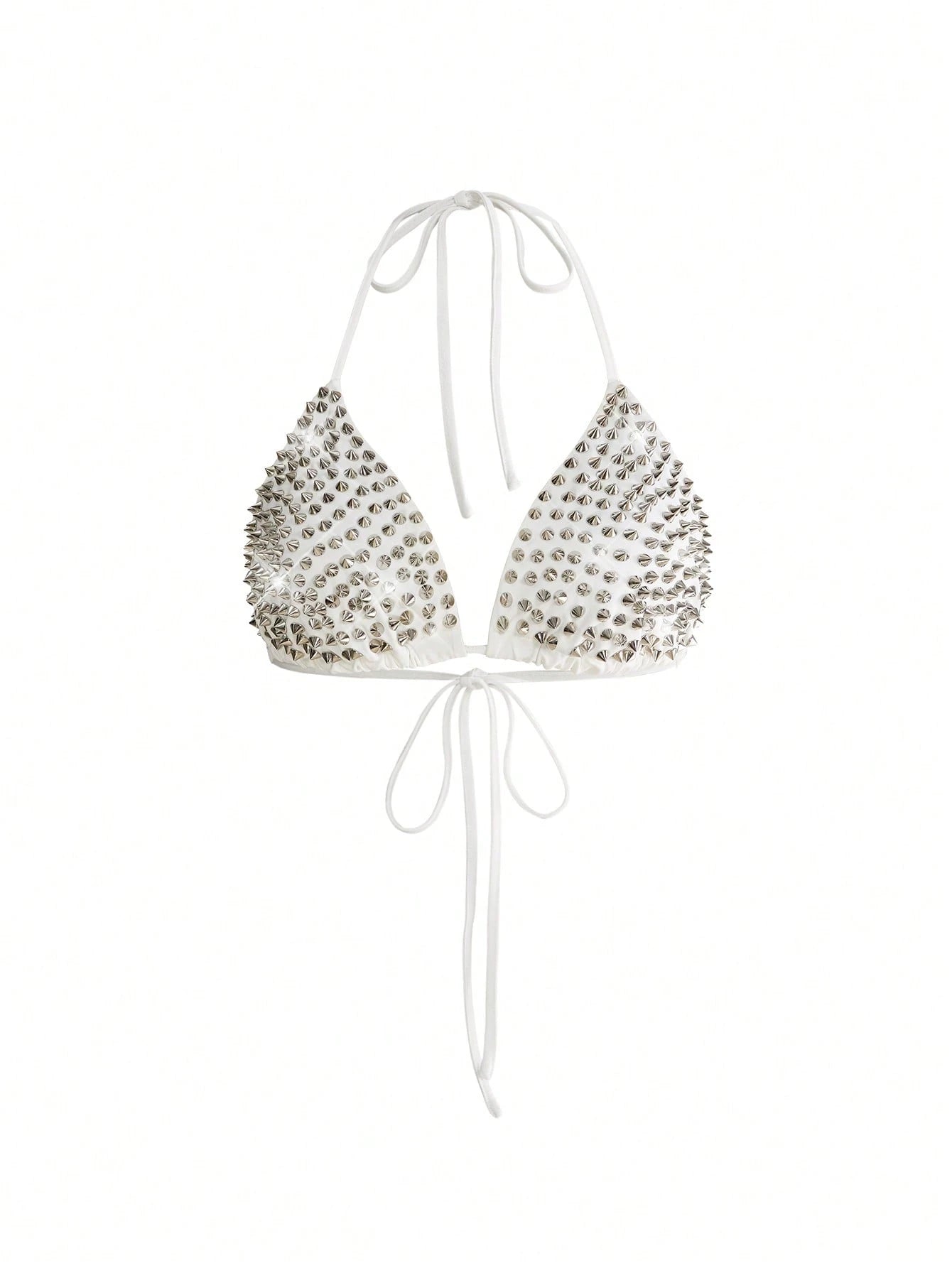 ROMWE Grunge Punk Summer Outfits Plus Size Women's Punk Rock Studded Halter Backless Bikini Top Studded Bra Spikes Rhinestone Bikini Top
