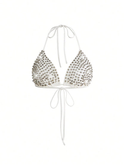 ROMWE Grunge Punk Summer Outfits Plus Size Women's Punk Rock Studded Halter Backless Bikini Top Studded Bra Spikes Rhinestone Bikini Top