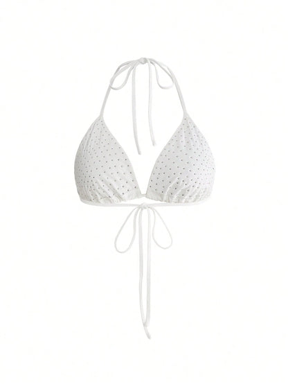 ROMWE Grunge Punk Summer Outfits Plus Size Women's Punk Rock Studded Halter Backless Bikini Top Studded Bra Spikes Rhinestone Bikini Top