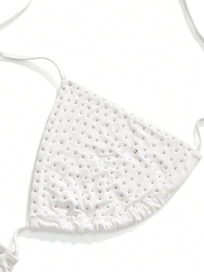 ROMWE Grunge Punk Summer Outfits Plus Size Women's Punk Rock Studded Halter Backless Bikini Top Studded Bra Spikes Rhinestone Bikini Top