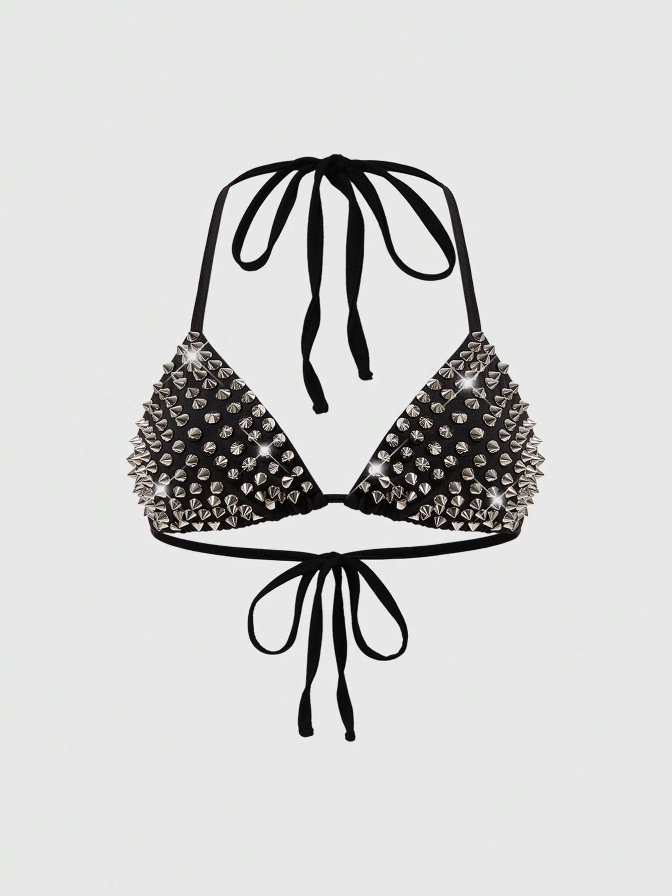 ROMWE Grunge Punk Summer Outfits Plus Size Women's Punk Rock Studded Halter Backless Bikini Top Studded Bra Spikes Rhinestone Bikini Top