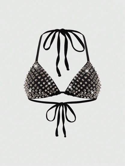 ROMWE Grunge Punk Summer Outfits Plus Size Women's Punk Rock Studded Halter Backless Bikini Top Studded Bra Spikes Rhinestone Bikini Top
