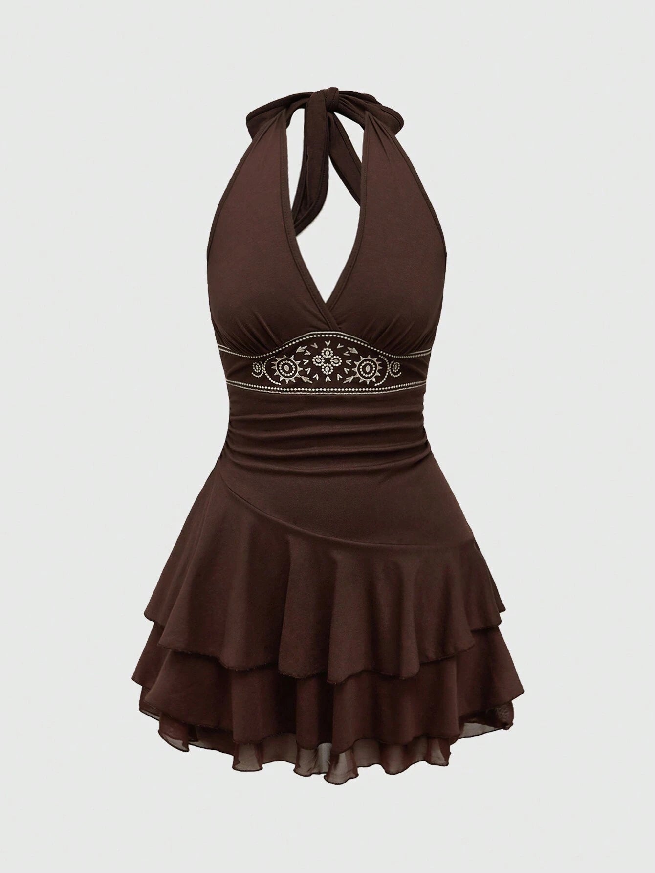 ROMWE Hippie Sun Totem Embroidered Spaghetti Strap Layered Hem Short Dress For Women