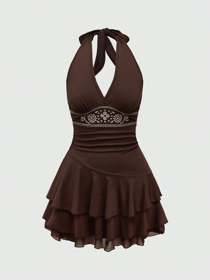 ROMWE Hippie Sun Totem Embroidered Spaghetti Strap Layered Hem Short Dress For Women