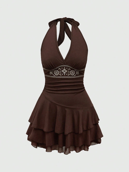 ROMWE Hippie Sun Totem Embroidered Spaghetti Strap Layered Hem Short Dress For Women