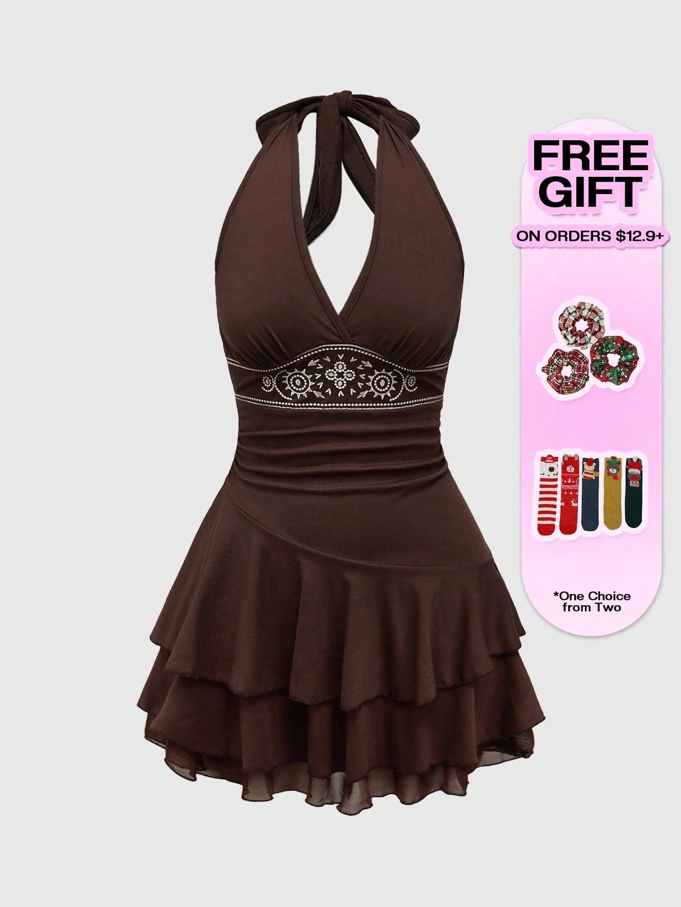 ROMWE Hippie Sun Totem Embroidered Spaghetti Strap Layered Hem Short Dress For Women