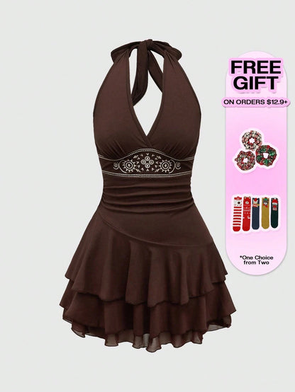 ROMWE Hippie Sun Totem Embroidered Spaghetti Strap Layered Hem Short Dress For Women