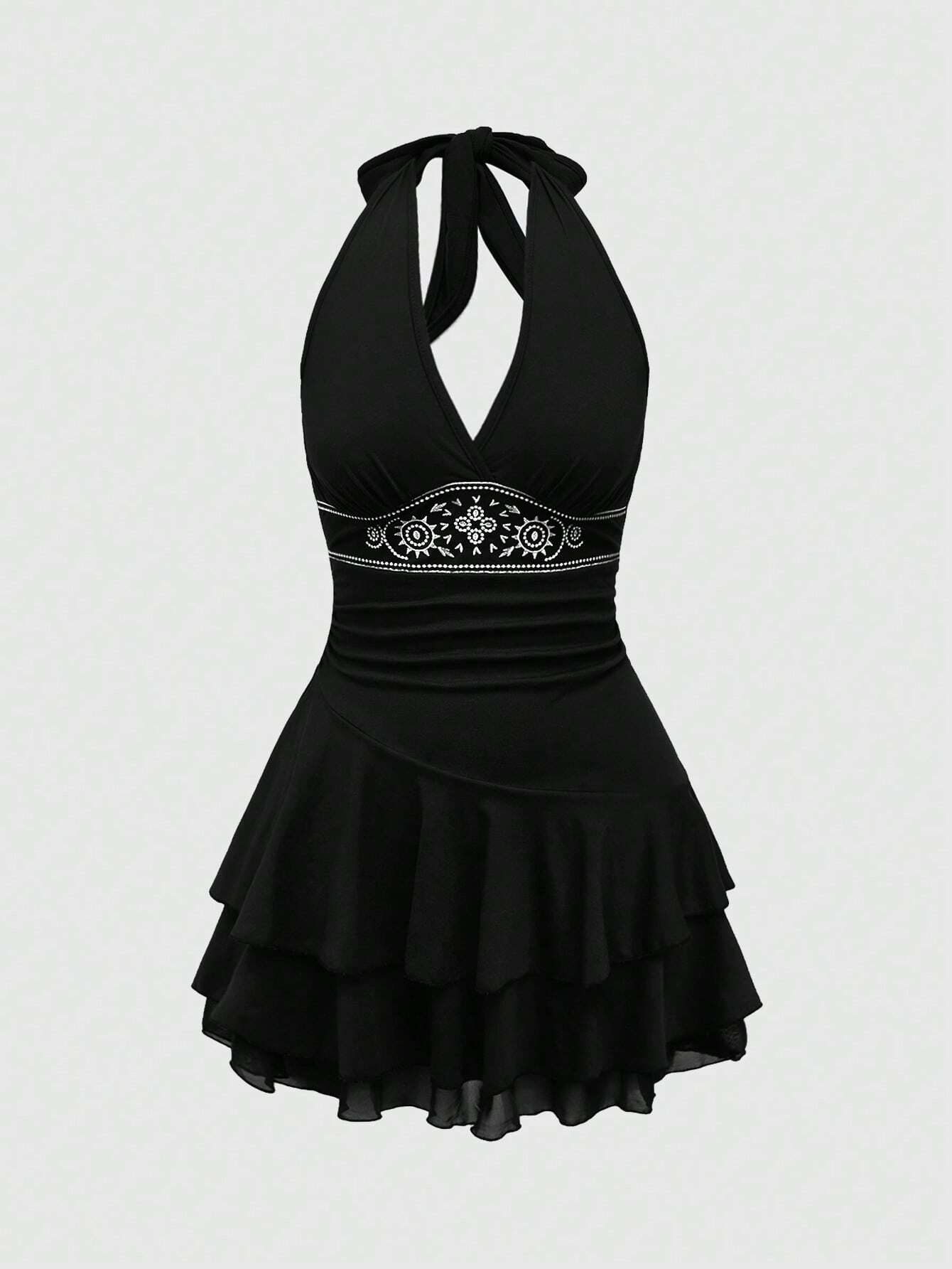 ROMWE Hippie Sun Totem Embroidered Spaghetti Strap Layered Hem Short Dress For Women