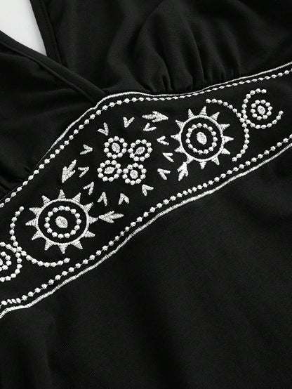 ROMWE Hippie Sun Totem Embroidered Spaghetti Strap Layered Hem Short Dress For Women